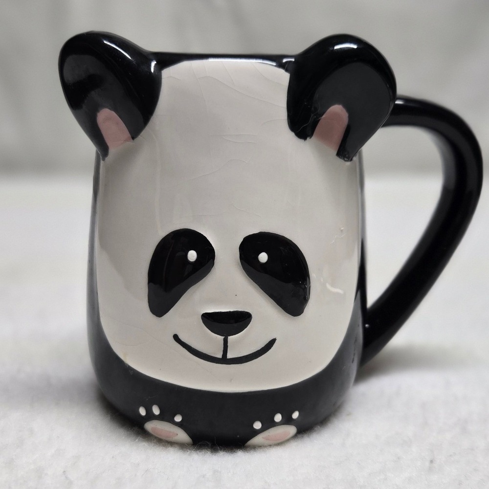 Tag Panda Bear Ceramic Mug with 3D Ears Black White Animal Novelty Coffee Cup